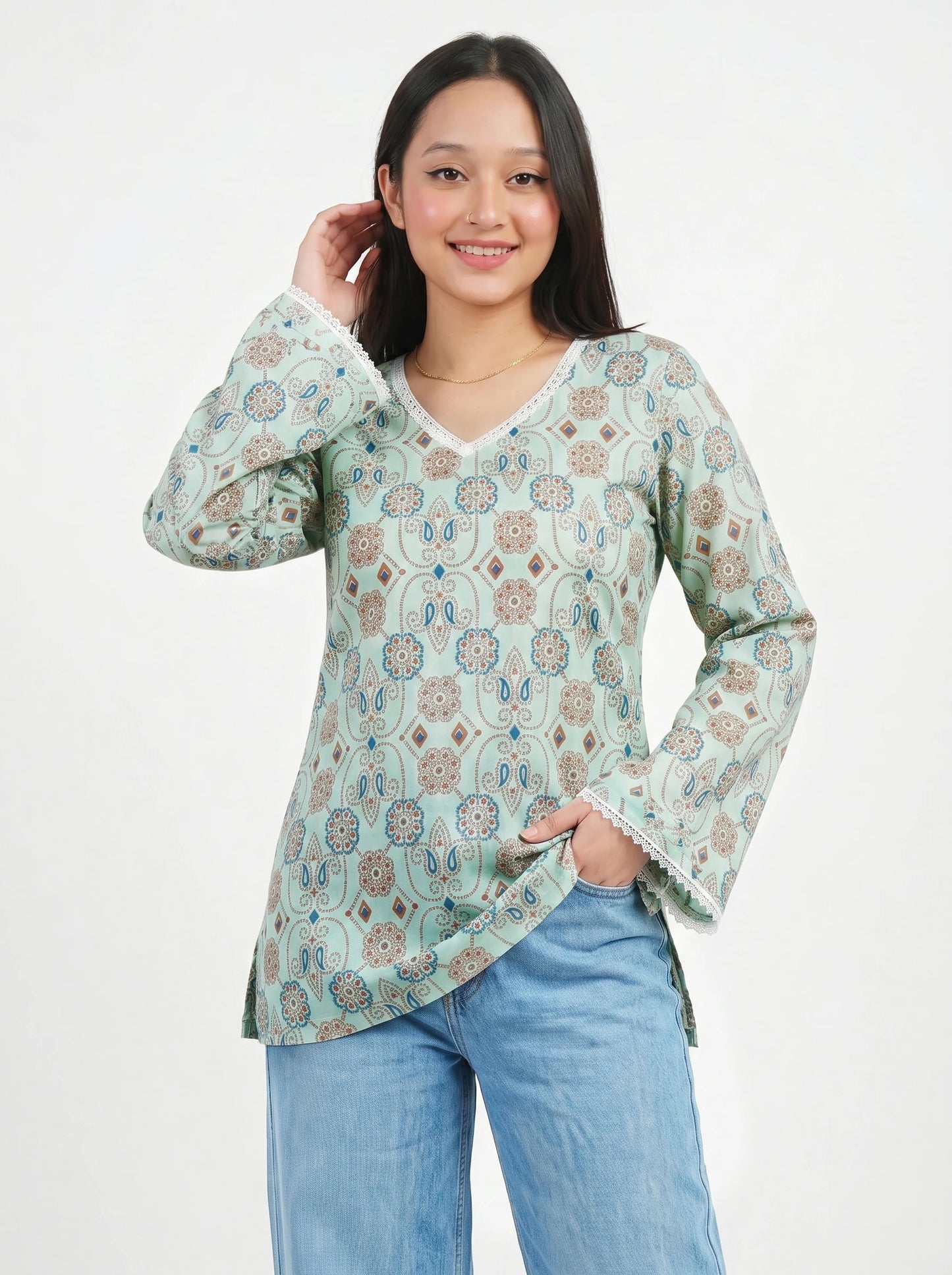 Mehfil Mint Print Kurti