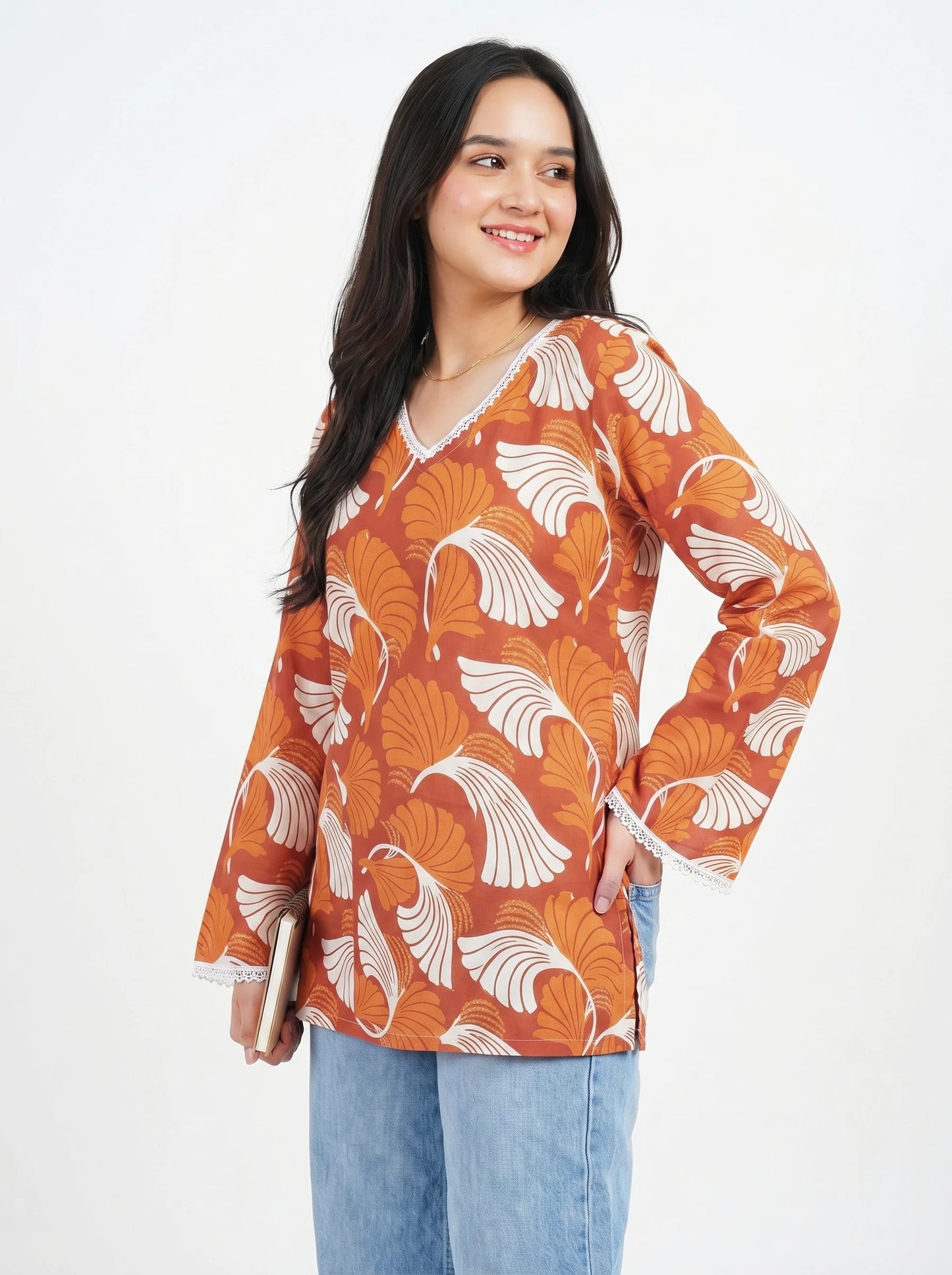 Orange Wave Floral Kurti
