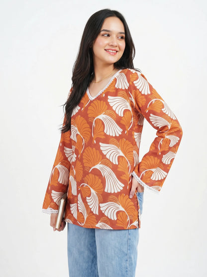 Orange Wave Floral Kurti