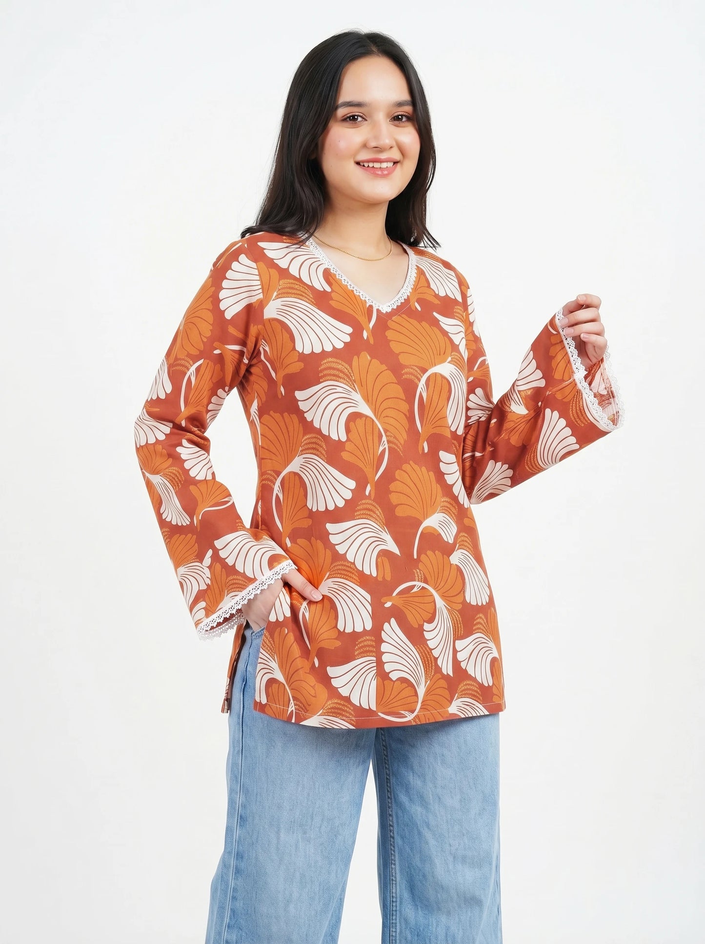 Orange Wave Floral Kurti