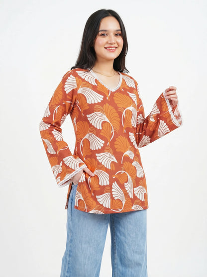 Orange Wave Floral Kurti