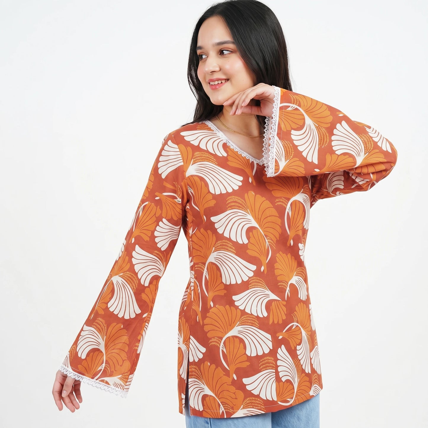 Orange Wave Floral Kurti