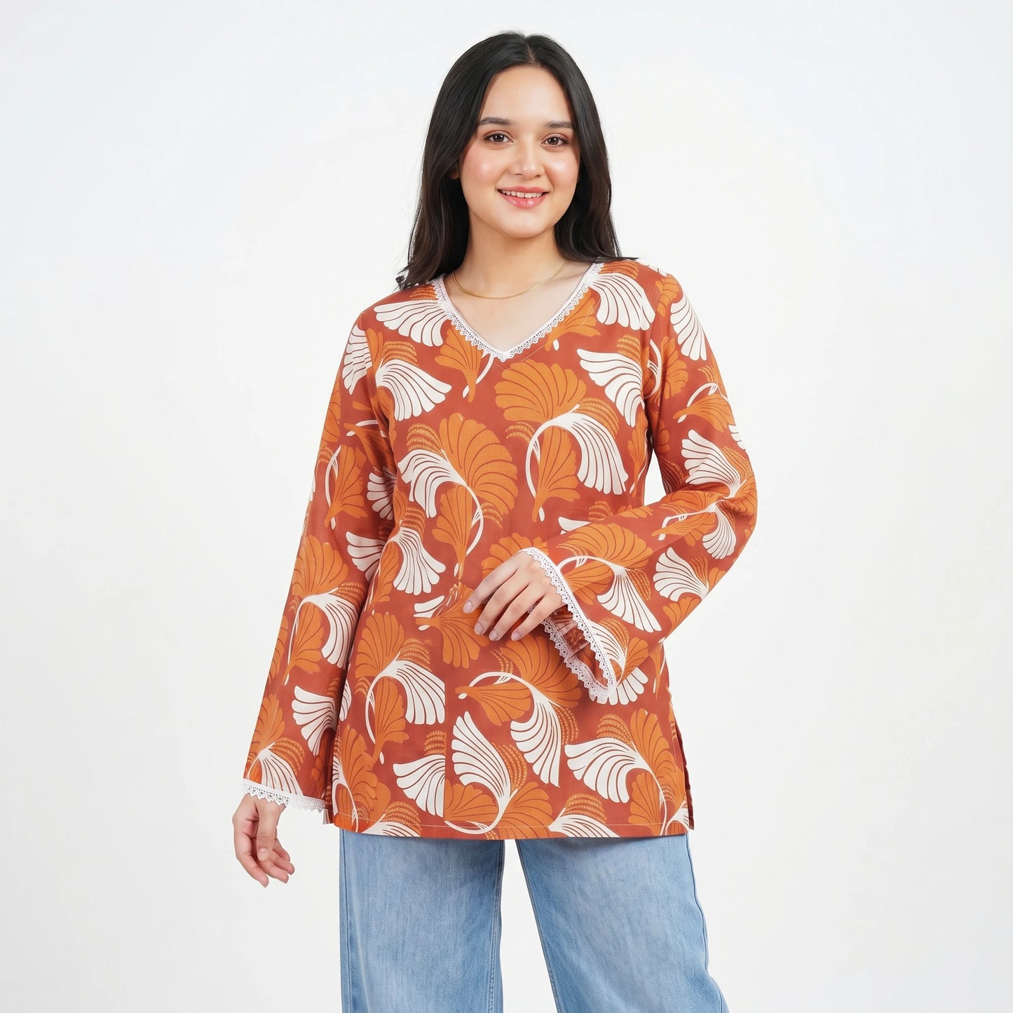 Orange Wave Floral Kurti